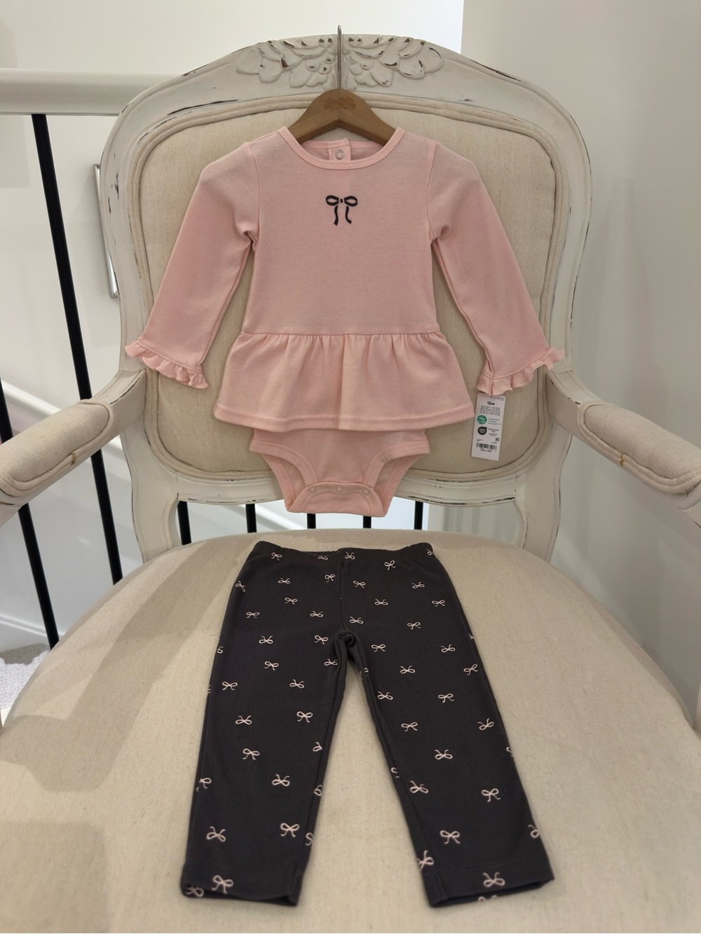🩰 12 Mth Ballet Pink and Velvet Black Bow Print Top and Leggings 2 Pc Set NWT